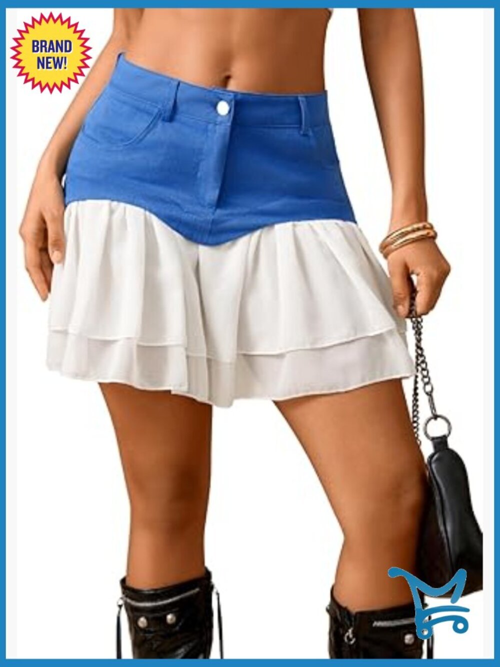 Sexy Patchwork Denim Mini Skort - A-Line Low Rise Ruffle